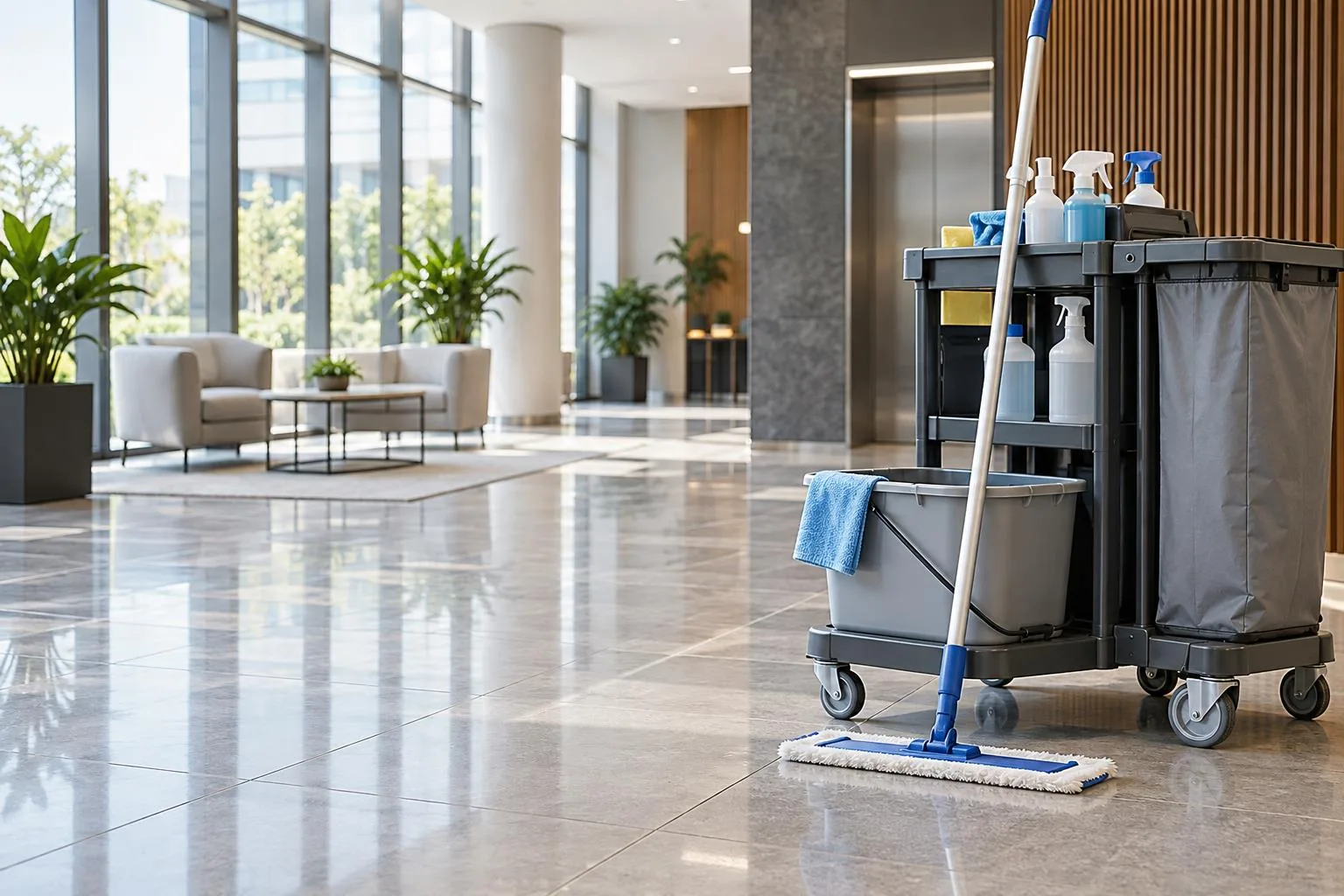 Reinigungswagen und Bodenpflege in einem hellen Innenbereich
